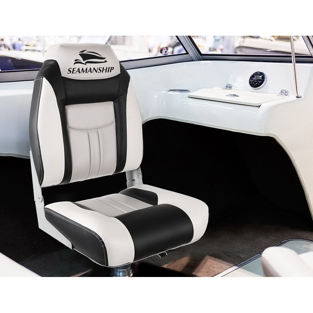 Seamanship 2X Folding Boat Seats Marine Seat Swivel High Back 12cm Padding Grey