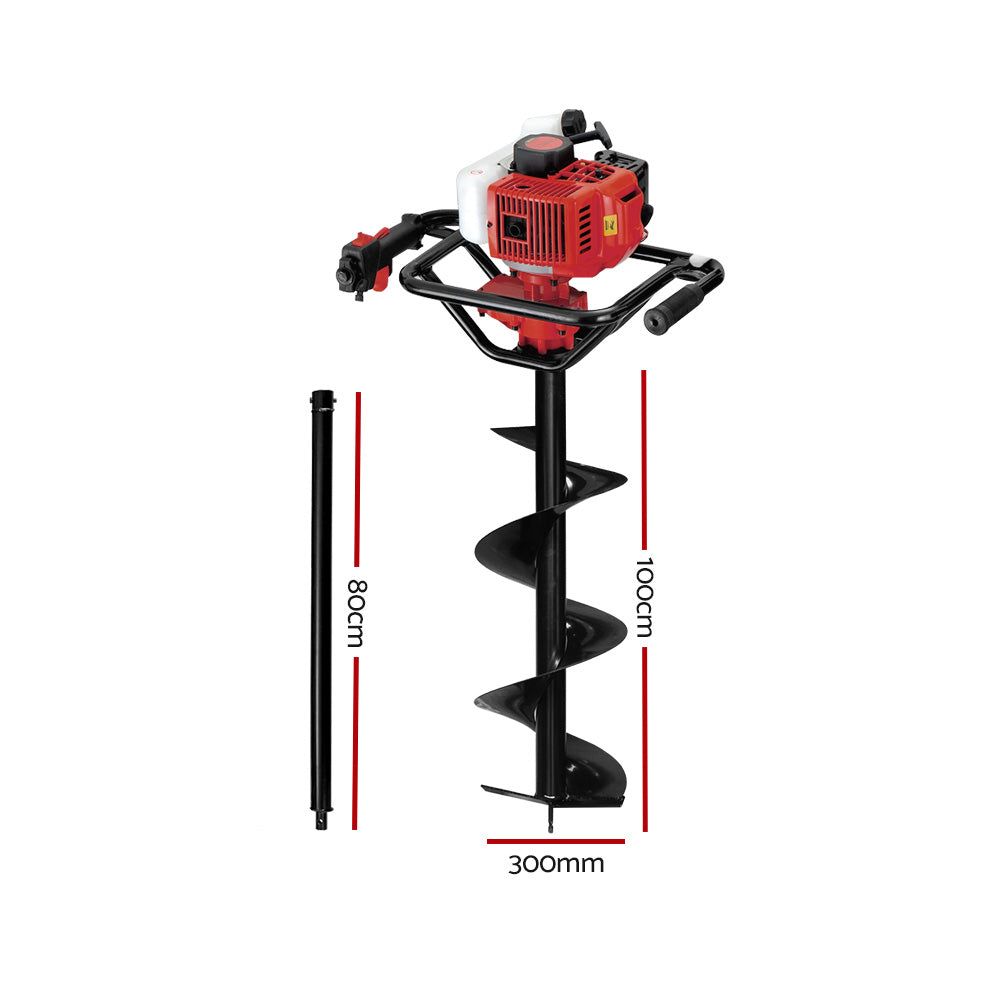 Giantz 92CC Post Hole Digger 300mm Petrol Drill Extension Bits Auger