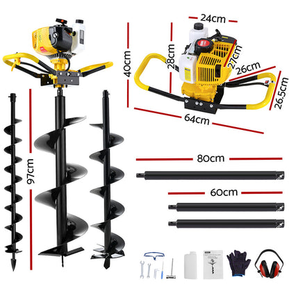 Giantz Post Hole Digger 74CC Petrol Motor Drill Borer Fence Extension Auger Bits