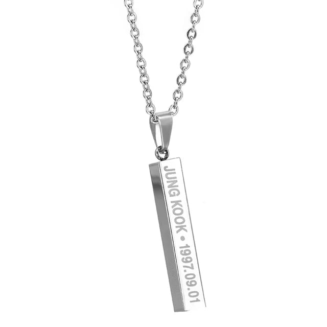 BTS Members Name Date Cuboid Bar Pendant Necklace