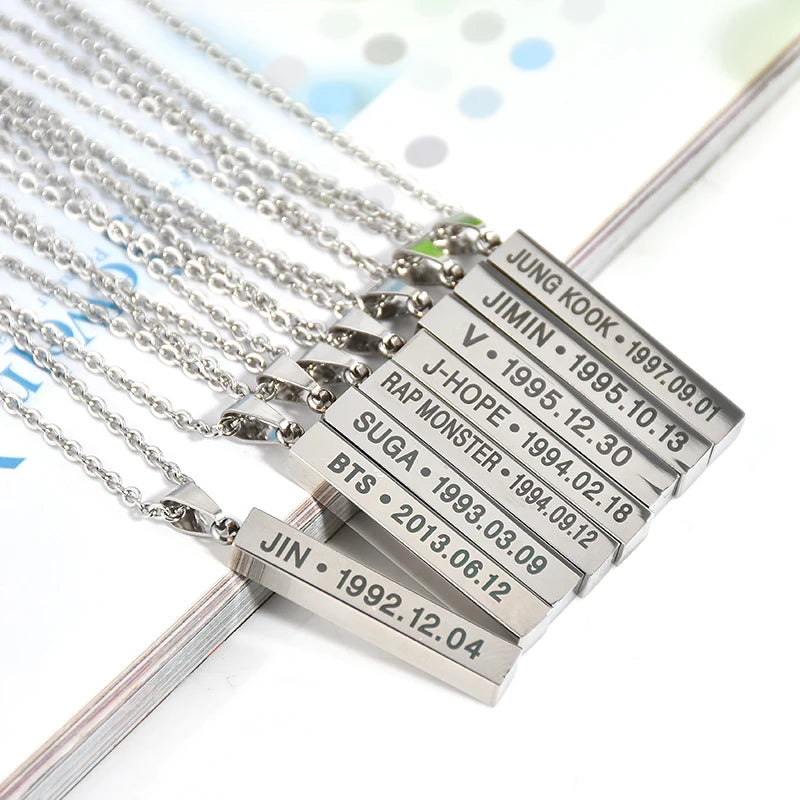 BTS Members Name Date Cuboid Bar Pendant Necklace