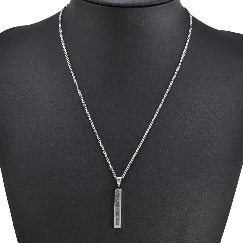 BTS Members Name Date Cuboid Bar Pendant Necklace