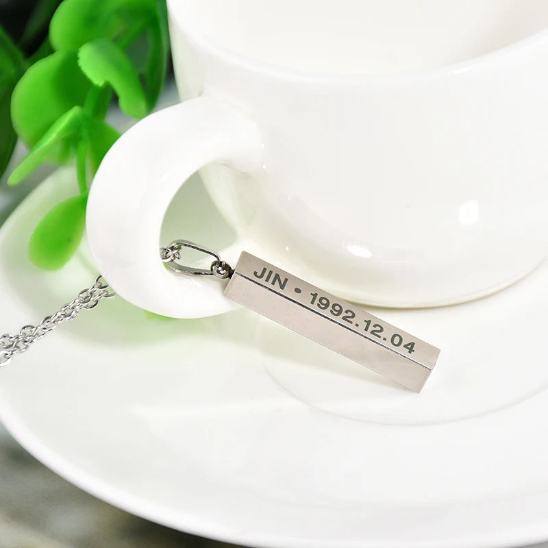 BTS Members Name Date Cuboid Bar Pendant Necklace