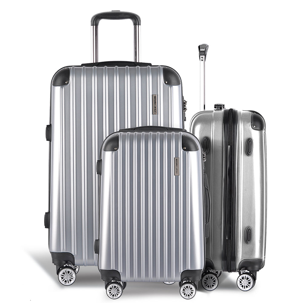 Wanderlite 3pc Luggage Trolley Travel Set Suitcase Carry On TSA Lock Hard Case Lightweight Silver