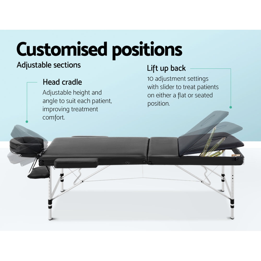 Zenses Massage Table 70cm Portable 3 Fold Aluminium Beauty Bed Black