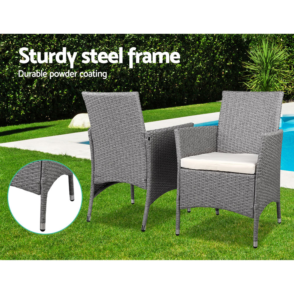 Gardeon 3PC Outdoor Bistro Set Patio Furniture Wicker Setting Chairs Table Cushion Grey