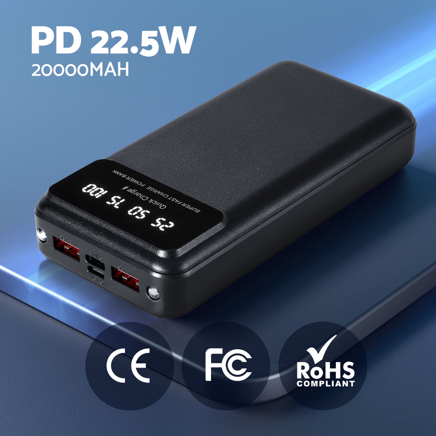 20000mAh Portable Power Bank PD22.5W Quick Charging Fast Charger for Phone Black