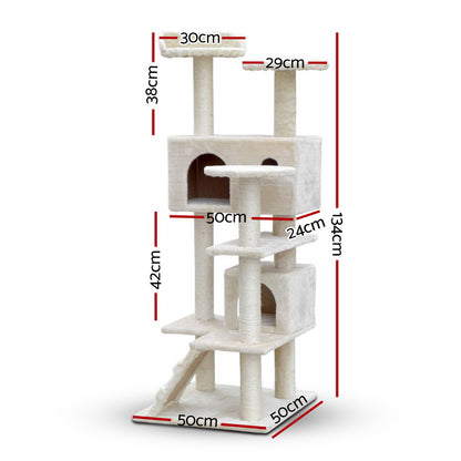 i.Pet Cat Tree 134cm Tower Scratching Post Scratcher Wood Condo House Bed Beige