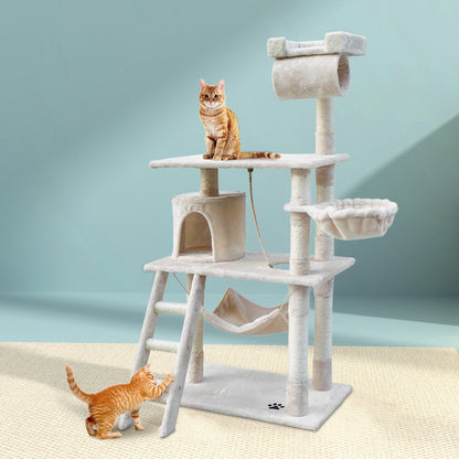 i.Pet Cat Tree 141cm Tower Scratching Post Scratcher Condo Wood House Bed Beige