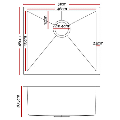 Cefito Kitchen Sink 51X45CM Stainless Steel Basin Single Bowl Laundry Silver