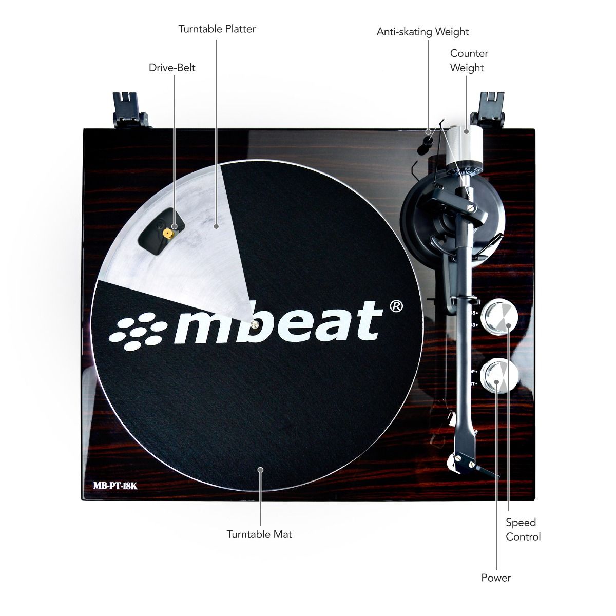 mbeat Hi-Fi Bluetooth Turntable (MMC, USB, Anti-skating, Preamplifier) - Macassar Ebony