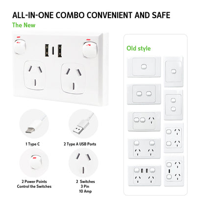 5PCS Double Power Point Dual USB+Type-C GPO Fast Charge 3.6 amp Wall Outlet