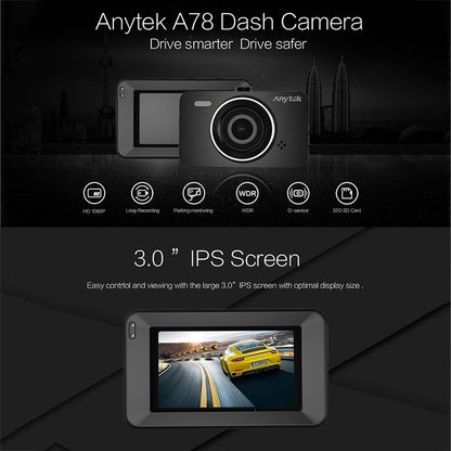 Anytek A78 Car Dash Cam Full HD 1080P Car DVR 170 Degree Wide Angle (24 Hours Parking Monitoring)