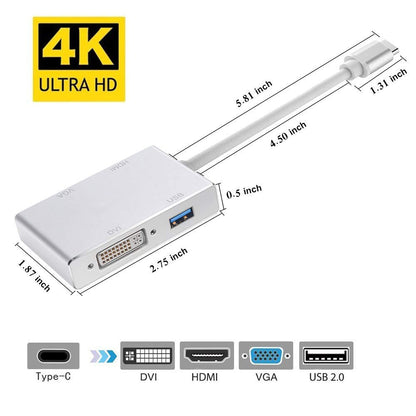 4in1 USB 3.1 Type-C Hub to HDMI Video Adapter 4K Male to Female Converter