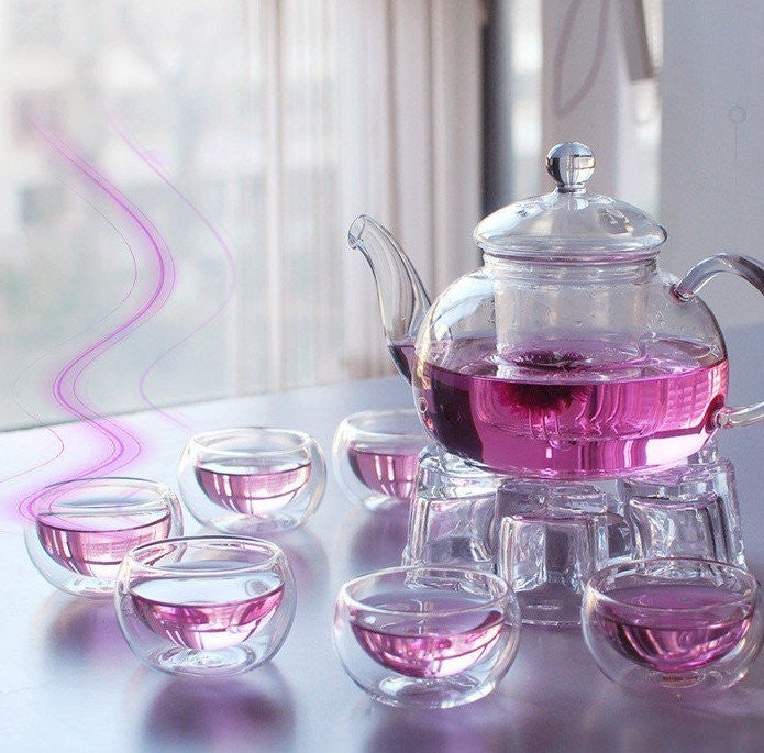 1 Set of Gongfu Chinese Ceremony Tea Set - 6 Glass cups with Infuser and Tealight Candle Pot Warmer