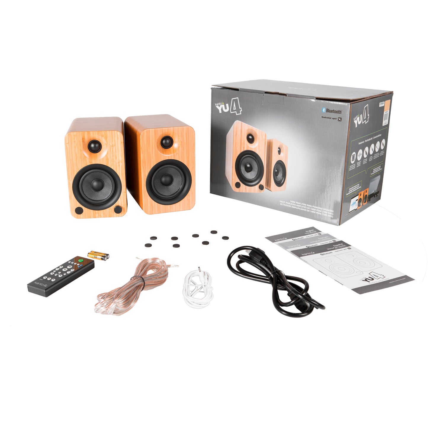 Kanto YU4 140W Powered Bookshelf Speakers with Bluetooth and Phono Preamp - Pair, Bamboo with SX26 Black Stand Bundle