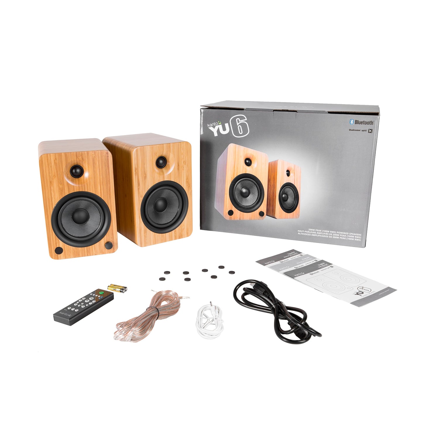 Kanto YU6 200W Powered Bookshelf Speakers with Bluetooth and Phono Preamp - Pair, Bamboo with SX26 Black Stand Bundle