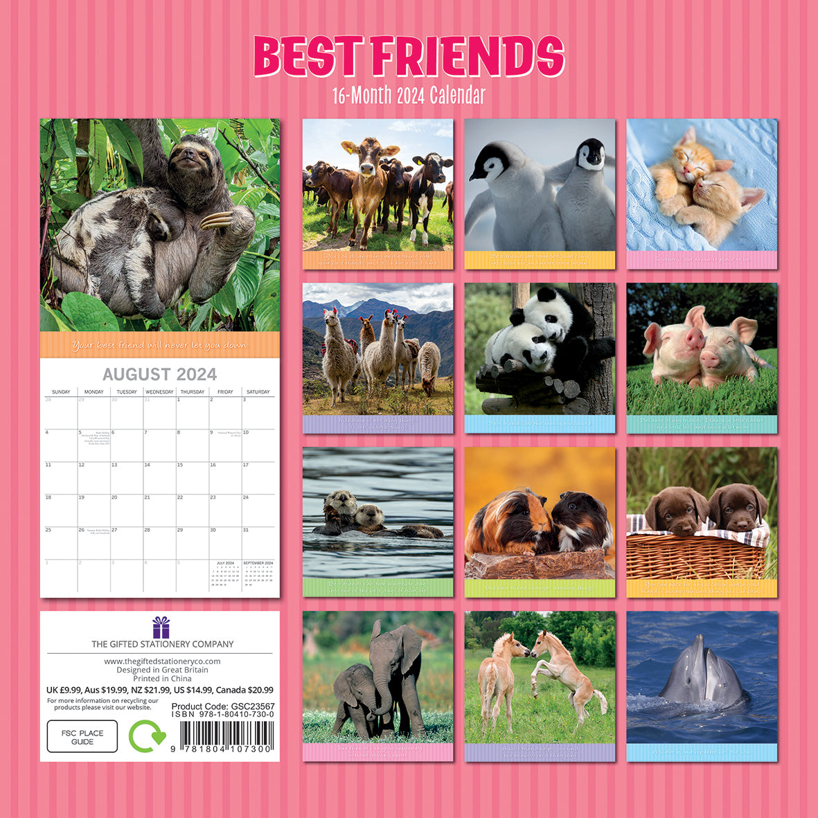 Best Friends - 2024 Square Wall Calendar Pets Animals 16 Months Premium Planner