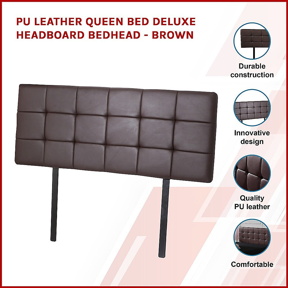 PU Leather Queen Bed Deluxe Headboard Bedhead - Brown