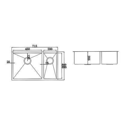 715x440mm Handmade Stainless Steel Undermount / Topmount Kitchen Sink with Waste