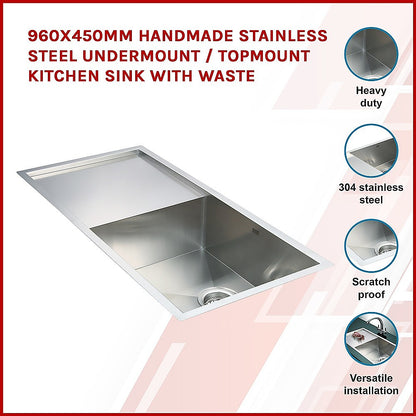 960x450mm Handmade Stainless Steel Undermount / Topmount Kitchen Sink with Waste