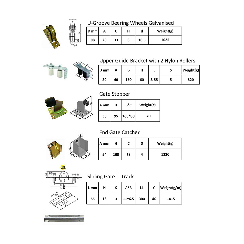 Sliding Gate Hardware Accessories Kit - 6m Track, Wheels, Stopper, Roller Guide