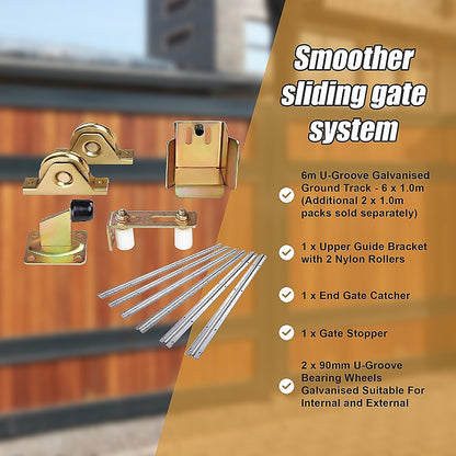 Sliding Gate Hardware Accessories Kit - 6m Track, Wheels, Stopper, Roller Guide