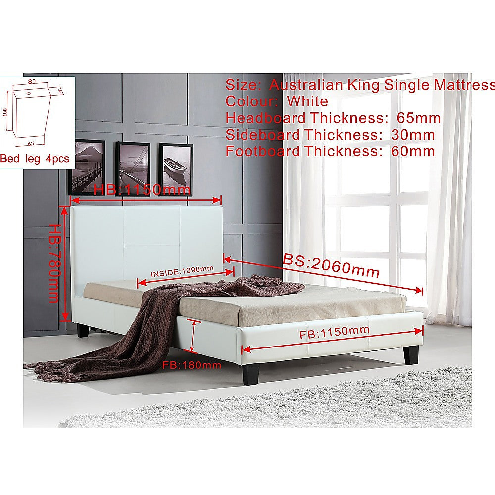 King Single PU Leather Bed Frame White