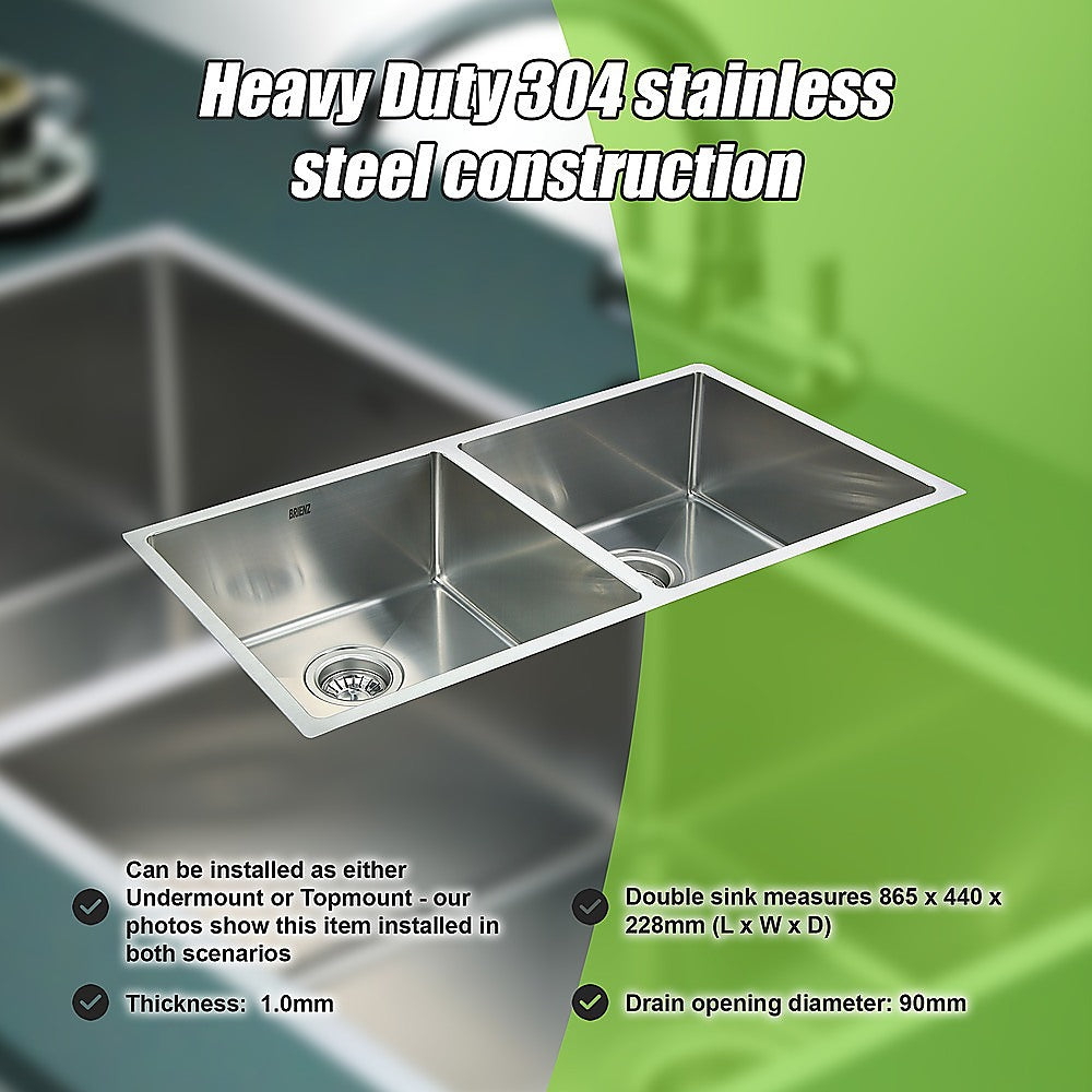 865x440mm Handmade Stainless Steel Undermount / Topmount Kitchen Sink with Waste