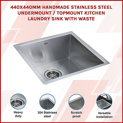 440x440mm Handmade Stainless Steel Undermount / Topmount Kitchen Laundry Sink with Waste