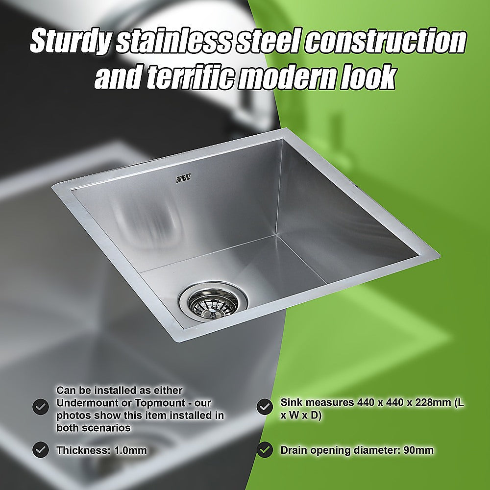 440x440mm Handmade Stainless Steel Undermount / Topmount Kitchen Laundry Sink with Waste