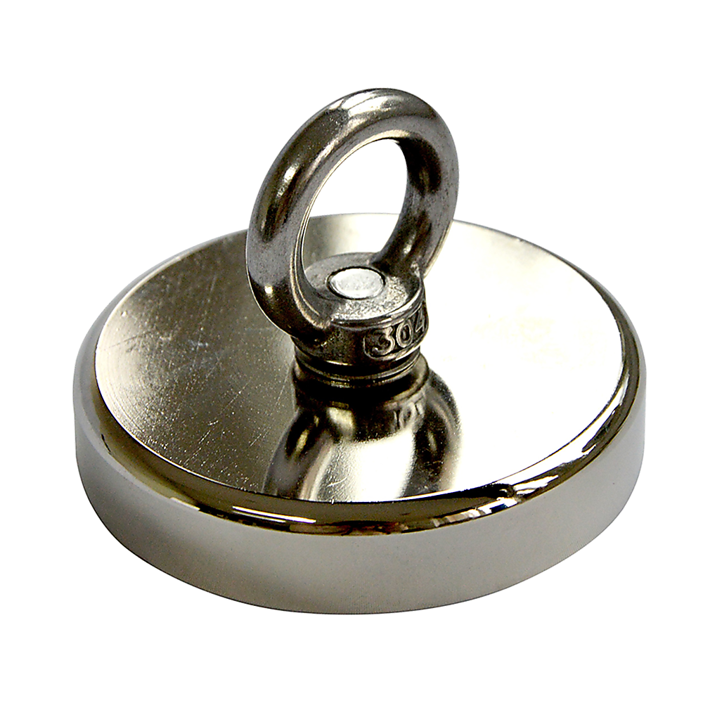 Round Neodymium Fishing Magnet with Countersunk Hole and Eyebolt, 500 LBS pull