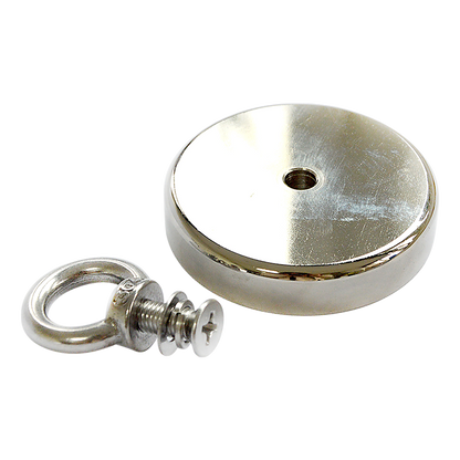 Round Neodymium Fishing Magnet with Countersunk Hole and Eyebolt, 500 LBS pull