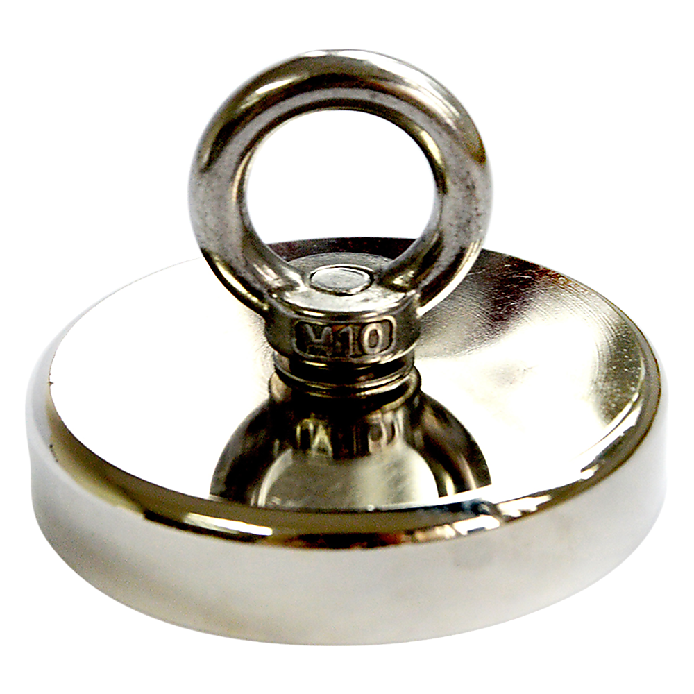 Round Neodymium Fishing Magnet with Countersunk Hole and Eyebolt, 500 LBS pull