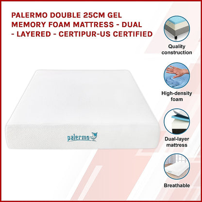 Palermo Double 25cm Gel Memory Foam Mattress - Dual-Layered - CertiPUR-US Certified