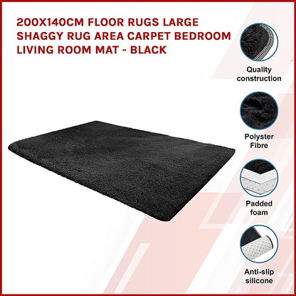 200x140cm Floor Rugs Large Shaggy Rug Area Carpet Bedroom Living Room Mat - Black