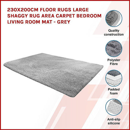 230x200cm Floor Rugs Large Shaggy Rug Area Carpet Bedroom Living Room Mat - Grey