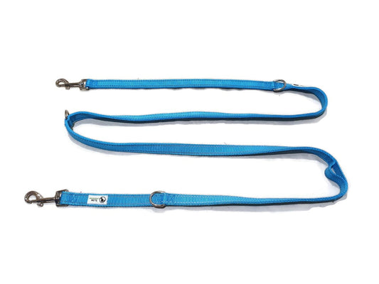 Multi Dog Lead - Nylon w/Reflective Stitching - Double Clip ,Coupler, Waist Belt, Short/Long, Quicktie - Moondidley Pets 25mm Light Blue