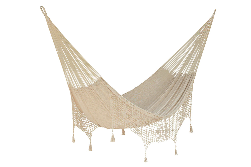 Outdoor undercover cotton Mayan Legacy hammock with hand crocheted tassels King Size Marble